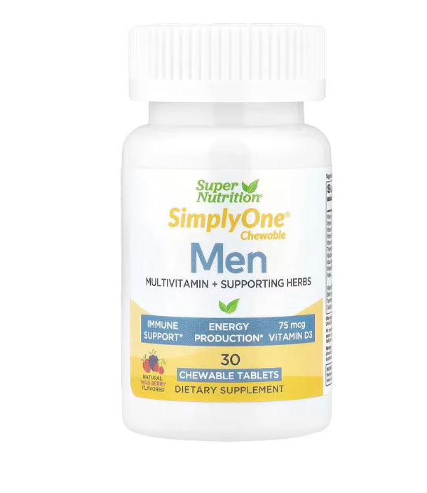 Super Nutrition SimplyOne®, Men’s Multivitamin + Supporting Herbs with Vitamin A, Vitamin C, Organic Whole Food and Botanical Blend, Wild-Berry, 30 Chewable Tablets
