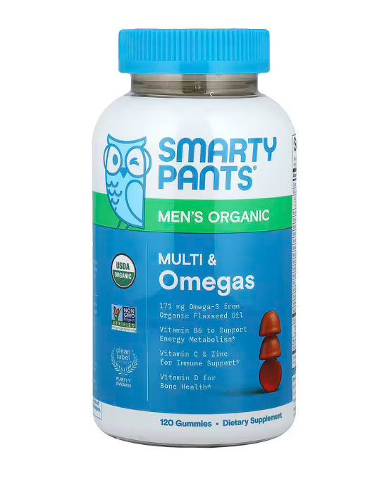 SmartyPants Men's Organic, Multi & Omegas Gummies, Raspberry, Lemon Lime, & Grape , 120 Gummies