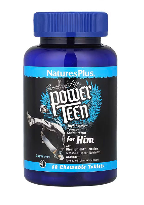 NaturesPlus Source of Life, Power Teen® for Him, Sugar Free, Wild Berry, 60 Chewable Tablets