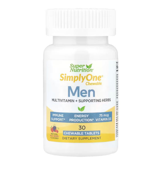 Super Nutrition
SimplyOne®, Men’s Multivitamin + Supporting Herbs with Vitamin A, Vitamin C, Organic Whole Food and Botanical Blend, Wild-Berry, 30 Chewable Tablets