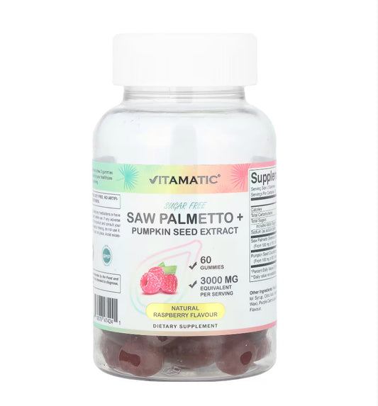 Vitamatic
Saw Palmetto + Pumpkin Seed Extract, Natural Raspberry, 60 Gummies