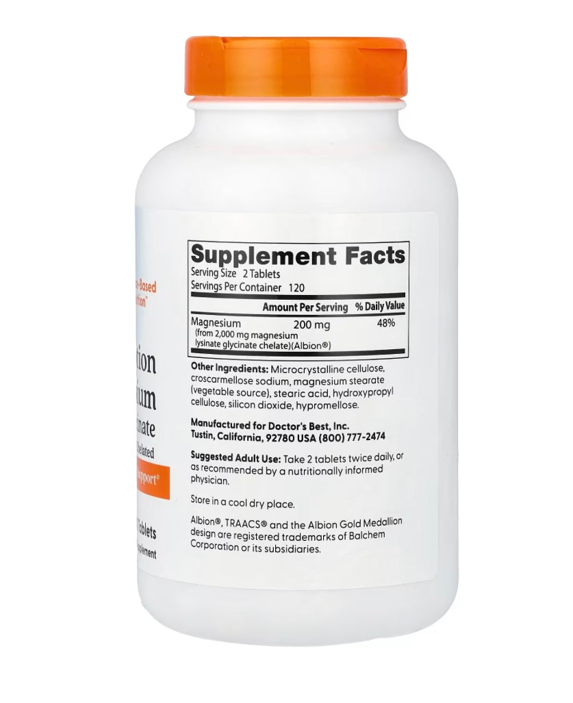 Doctor's Best High Absorption Magnesium Lysinate Glycinate, Chelated, Albion® TRAACS®, 240 Tablets (100 mg Per tablet)