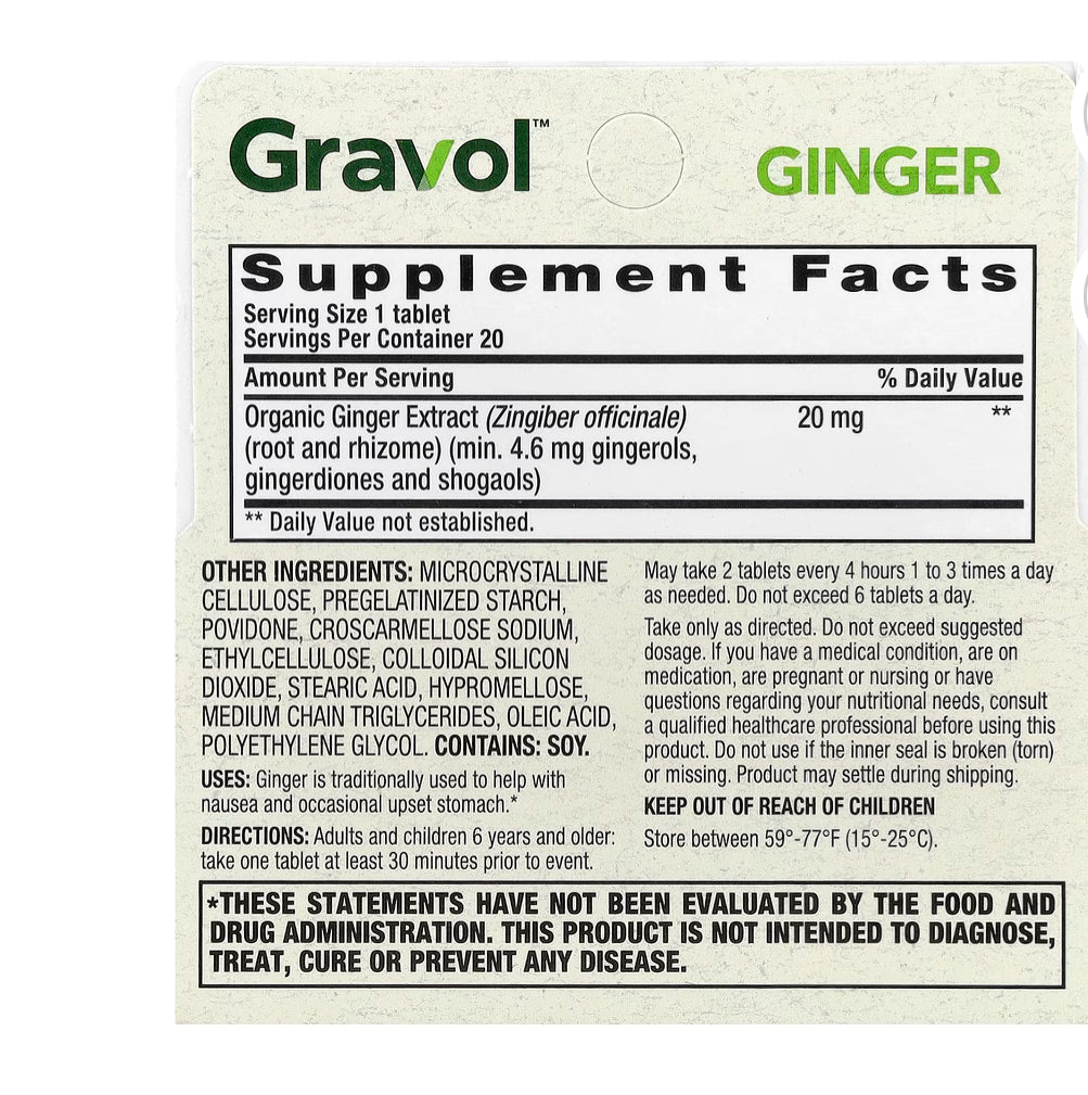 Gravol Ginger, 20 Coated Tablets
